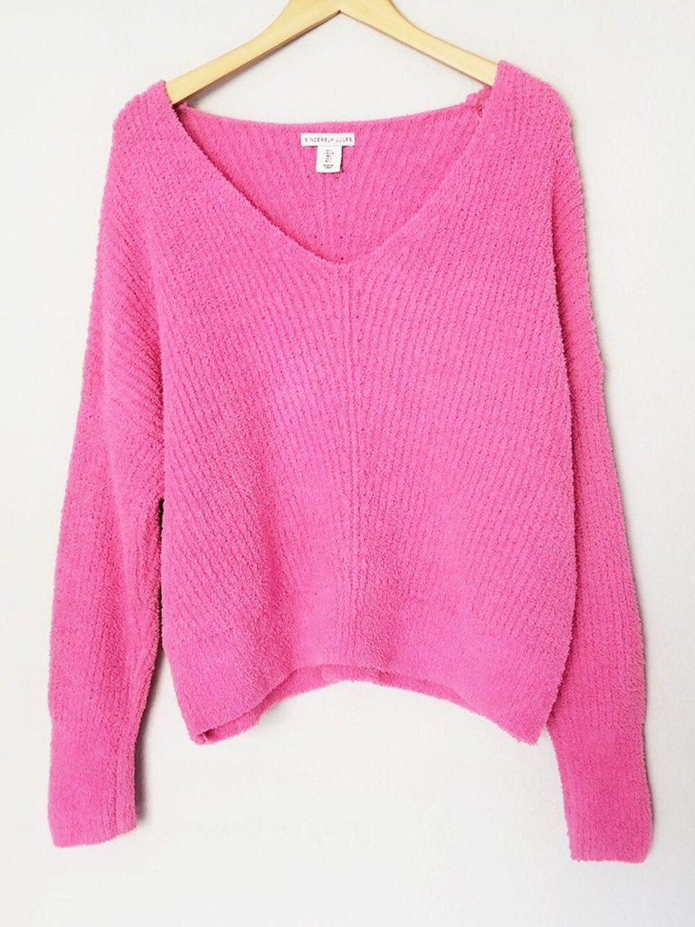 Sincerely Jules Womens L Long Sleeve Fuzzy V Neck Sweater Pink Fluffy Cozy Warm